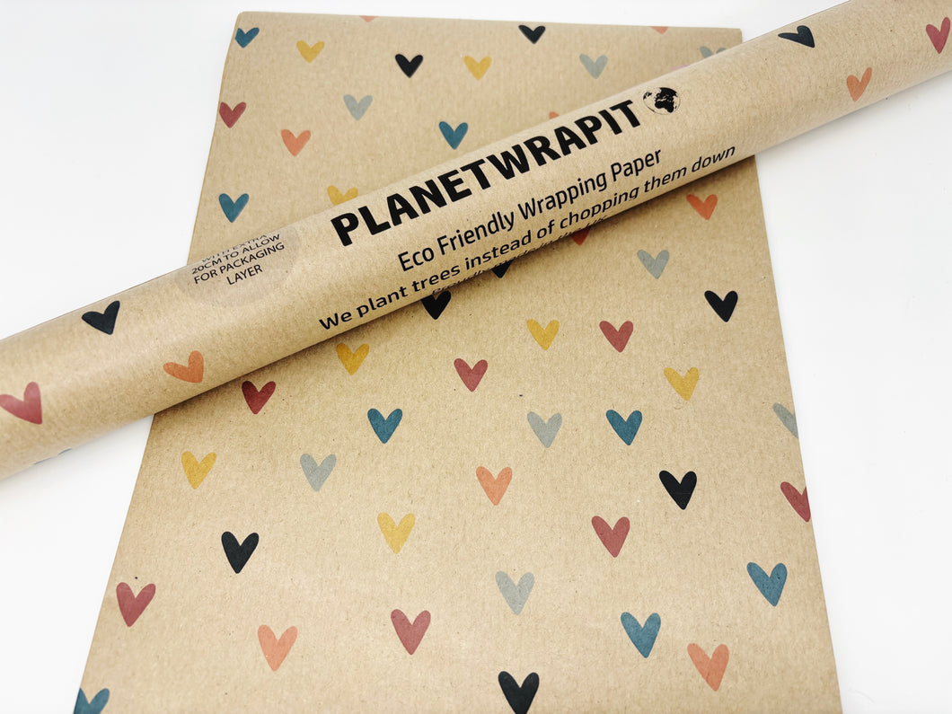 Multi-Coloured Hearts Recycled Kraft Wrapping Paper