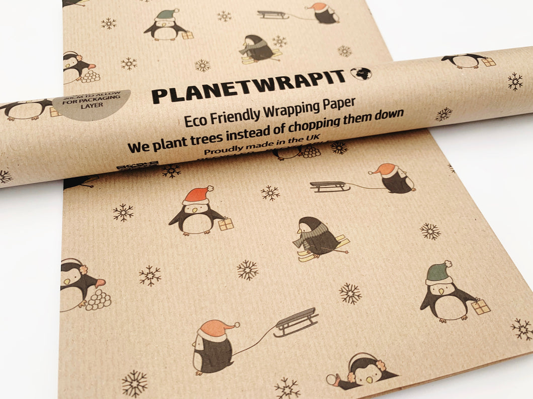 Christmas Penguins Gift Wrap - Recycled Kraft Wrapping Paper
