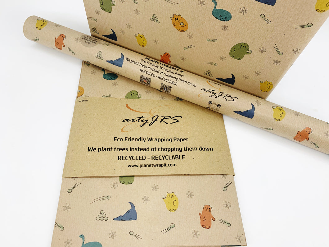 Christmas Dogs and Cats Snowball Gift Wrap - Recycled Kraft Wrapping Paper