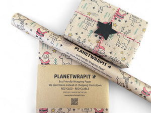 Christmas Rudolph and Santa Gift Wrap - Recycled Kraft Wrapping Paper
