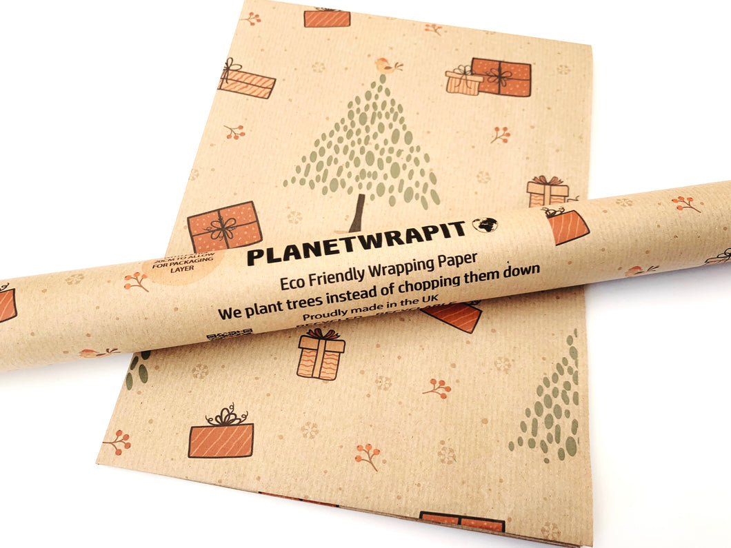 Christmas Trees and Presents Gift Wrap - Recycled Kraft Wrapping Paper