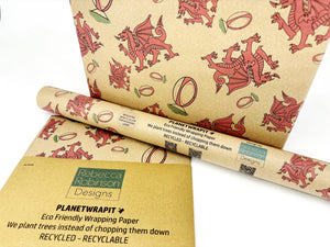 NEW Welsh Dragons and Rugby - Recycled Kraft Wrapping Paper