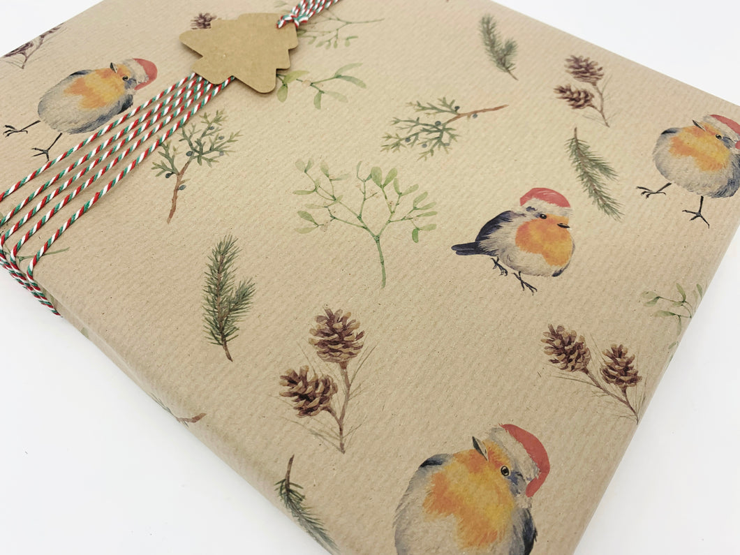 Christmas Robins Gift Wrap - Recycled Kraft Wrapping Paper