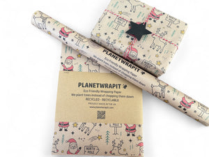 Christmas Rudolph and Santa Gift Wrap - Recycled Kraft Wrapping Paper