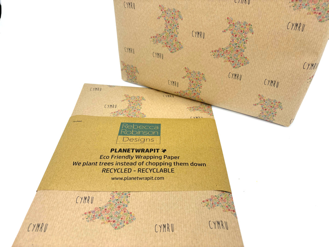 NEW Floral Map of Wales - Recycled Kraft Wrapping Paper