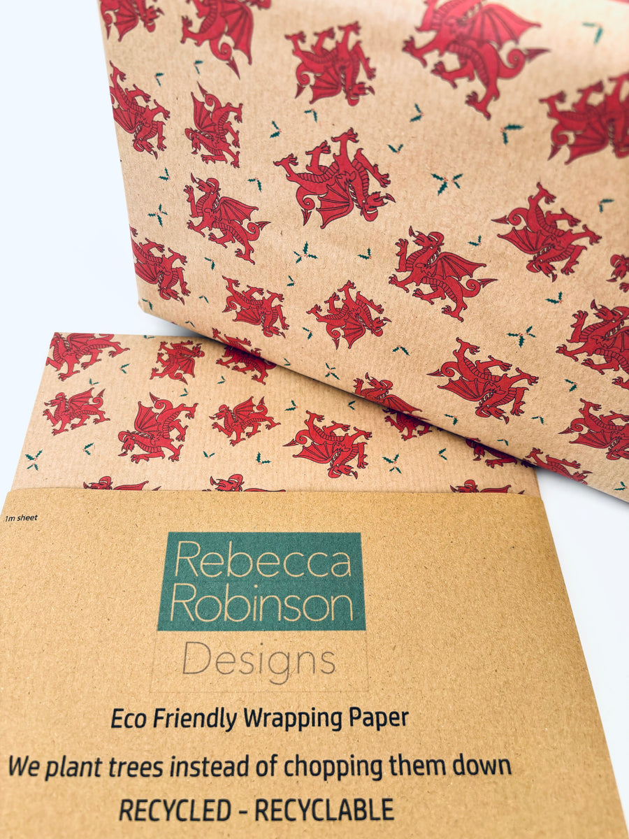 Christmas Welsh Dragon Gift Wrap | Recycled Kraft Wrapping Paper ...