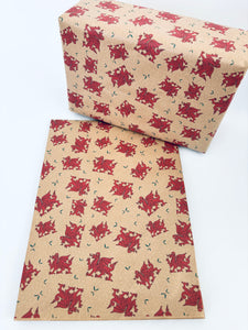 Christmas Welsh Dragon and Holly Gift Wrap - Recycled Kraft Wrapping Paper