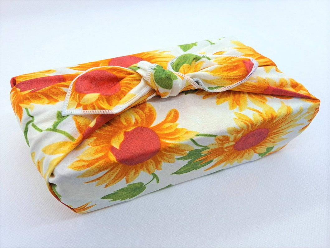 Furoshiki Small Reusable Fabric Gift Wrap - Sunflowers, White