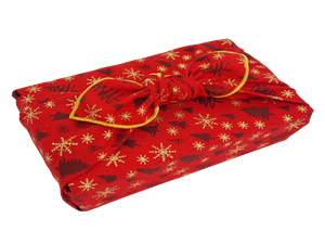 Furoshiki Small Reusable Fabric Gift Wrap  - Christmas Trees and Snowflakes, Red