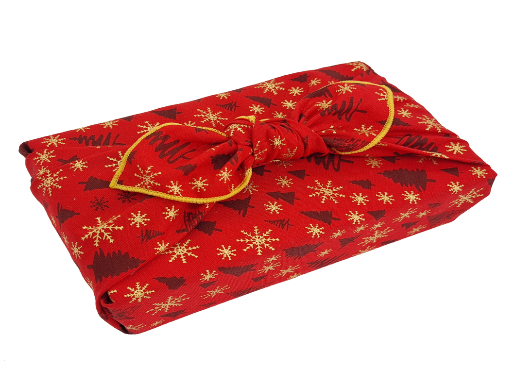 Furoshiki Small Reusable Fabric Gift Wrap  - Christmas Trees and Snowflakes, Red