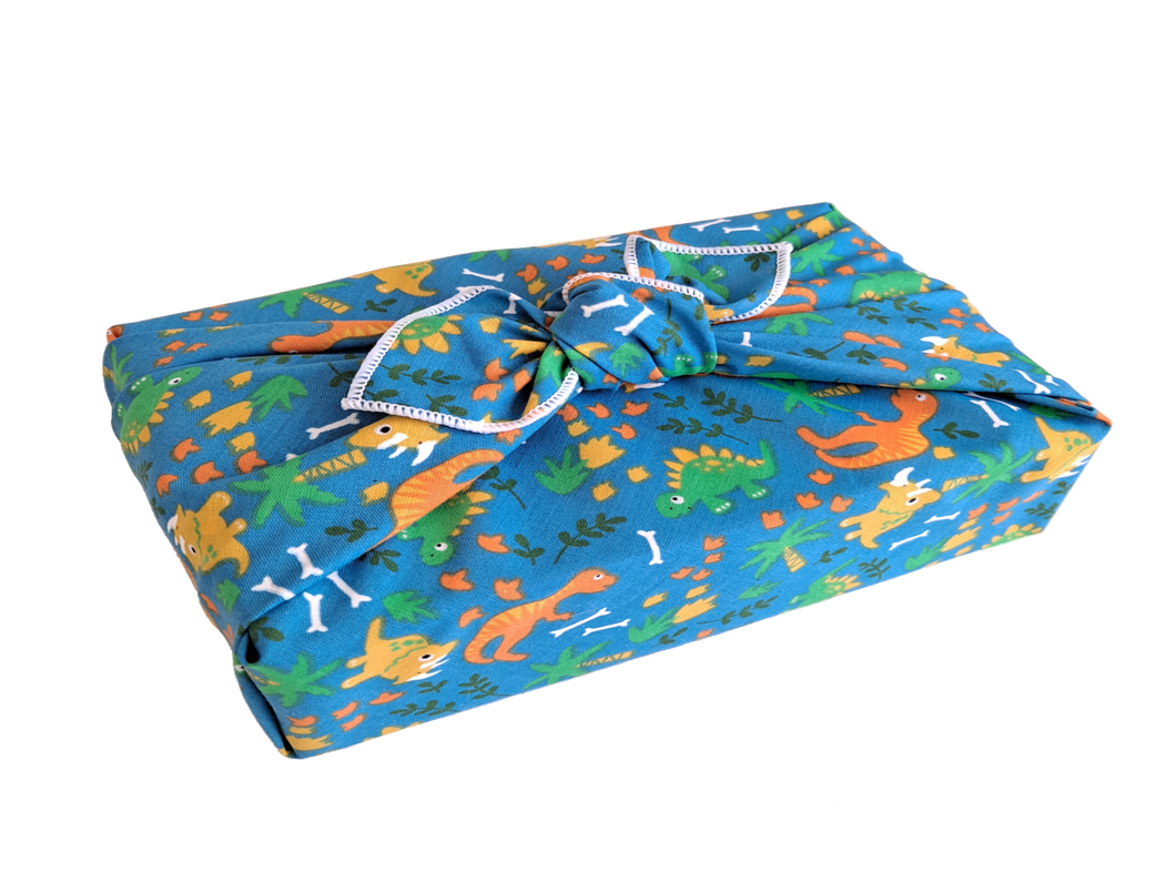 Furoshiki Mini Reusable Fabric Gift Wrap - Roaming Dinosaurs - Blue