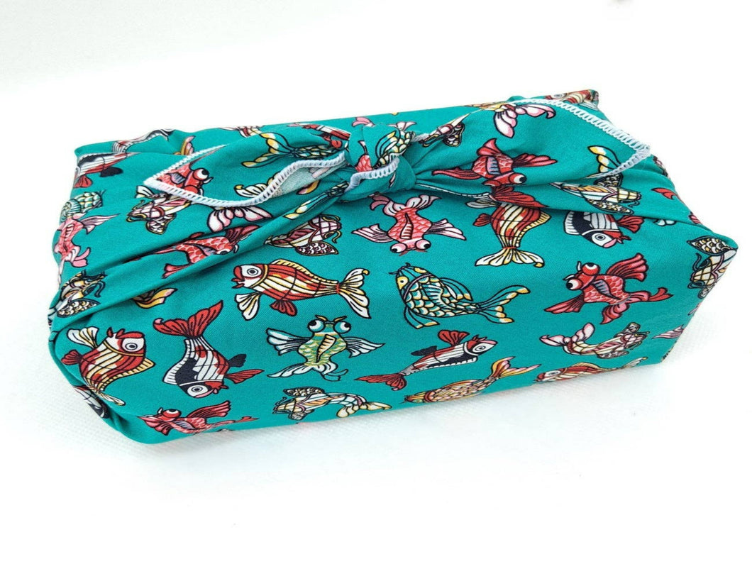 Furoshiki Mini Reusable Fabric Gift Wrap- Fabulous Fishes, Turquoise