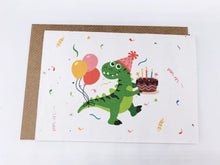 Load image into Gallery viewer, Plantable Greetings Seed Card - Dinosaur holding Cake
