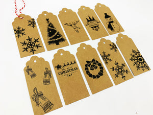 Christmas Print Kraft Gift Tags - Pack of 10 (Brown or White)