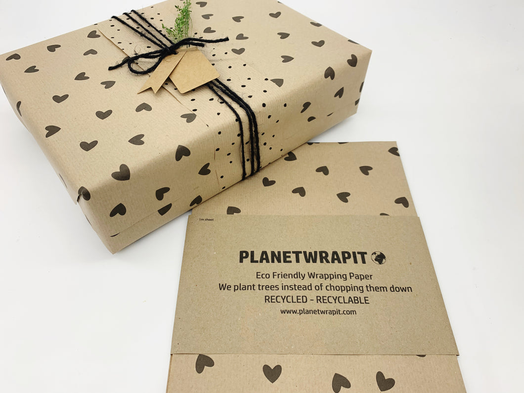 Retro Black Hearts - Recycled Kraft Wrapping Paper
