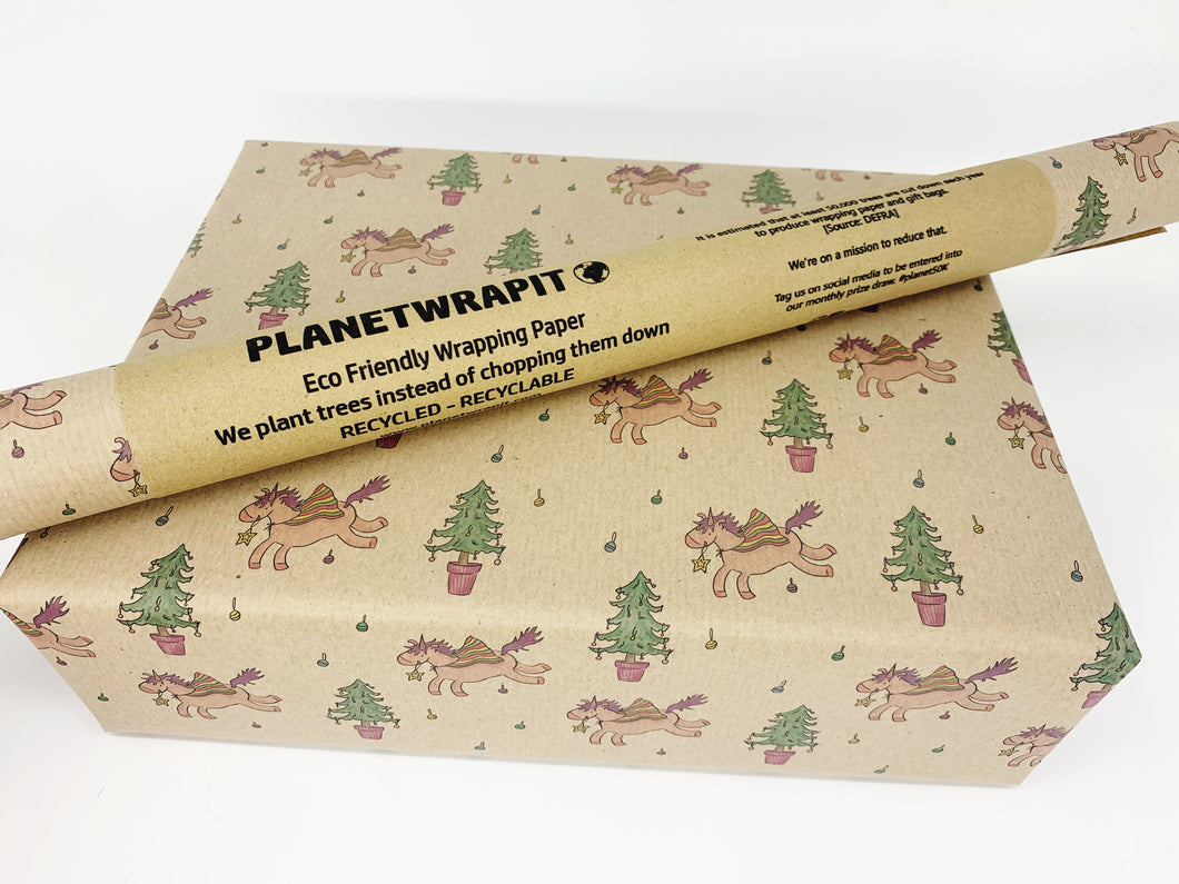 Christmas Unicorn Gift Wrap - Recycled Kraft Wrapping Paper